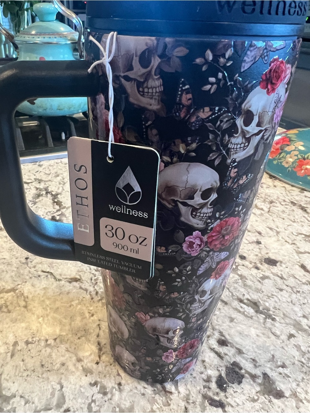 Ethos 30 oz Skull & Floral Stainless Tumbler - Black Halloween cup brand new